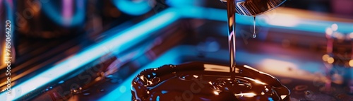 Nanotextured surfaces capturing the rich cascade of chocolate syrup, highlighted by neon lighting in a hightech kitchen, close up photo