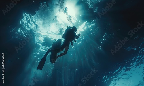 A breathtaking underwater shot of a scuba diver exploring the mysterious ocean depths, highlighting adventure and discovery