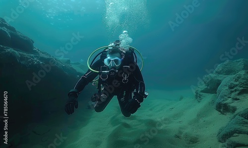 A breathtaking underwater shot of a scuba diver exploring the mysterious ocean depths, highlighting adventure and discovery