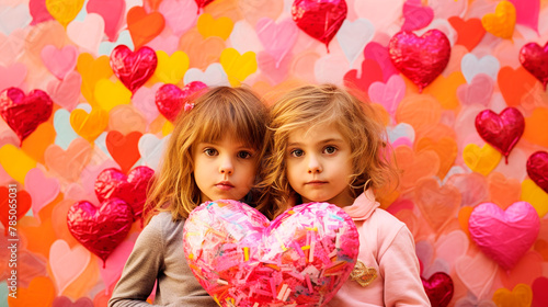 Two little girls holding a heart on a background of hearts