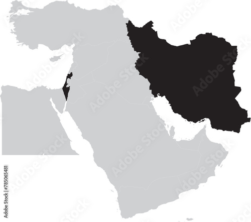 Black Map of Israel and Iran within the gray map of Middle East