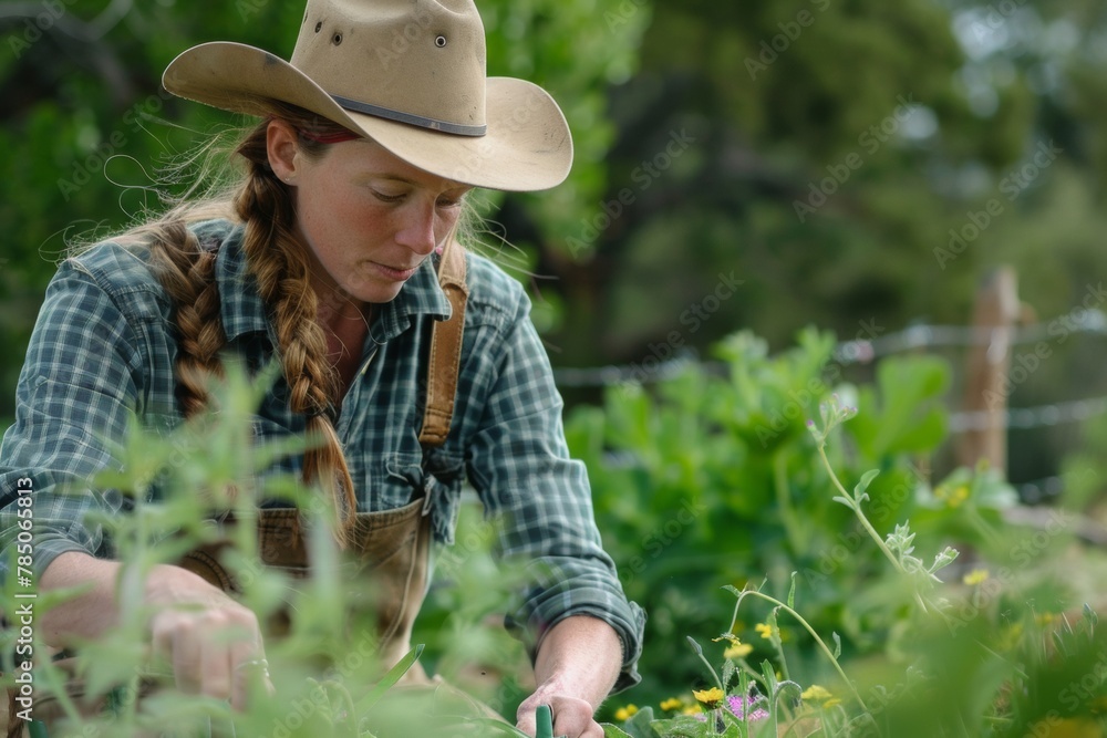 Cowgirl tending to her garden on a sunny day at a ranch, surrounded by lush greenery
