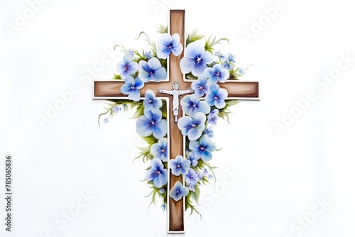 Cross with blue flowers on a white background. Illustration for Easter photo