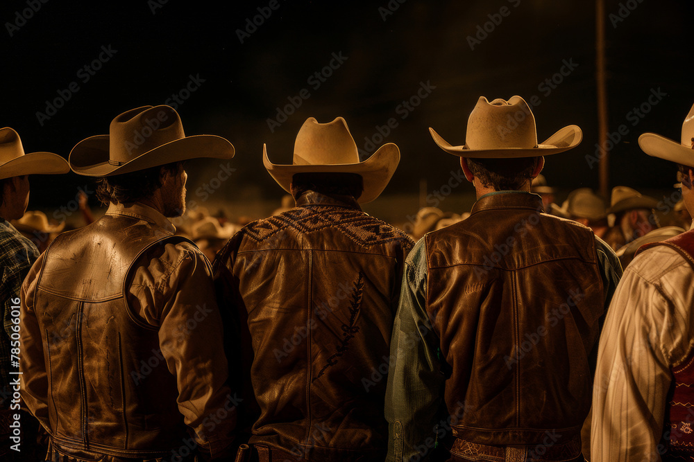 Cowboys at dusk watching a rodeo event in the heart of the Western frontier