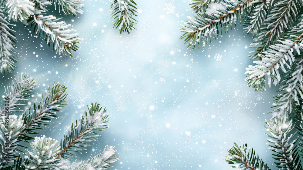 Charming winter card background with fluffy snowflakes and green pine branches, ideal for holiday greetings