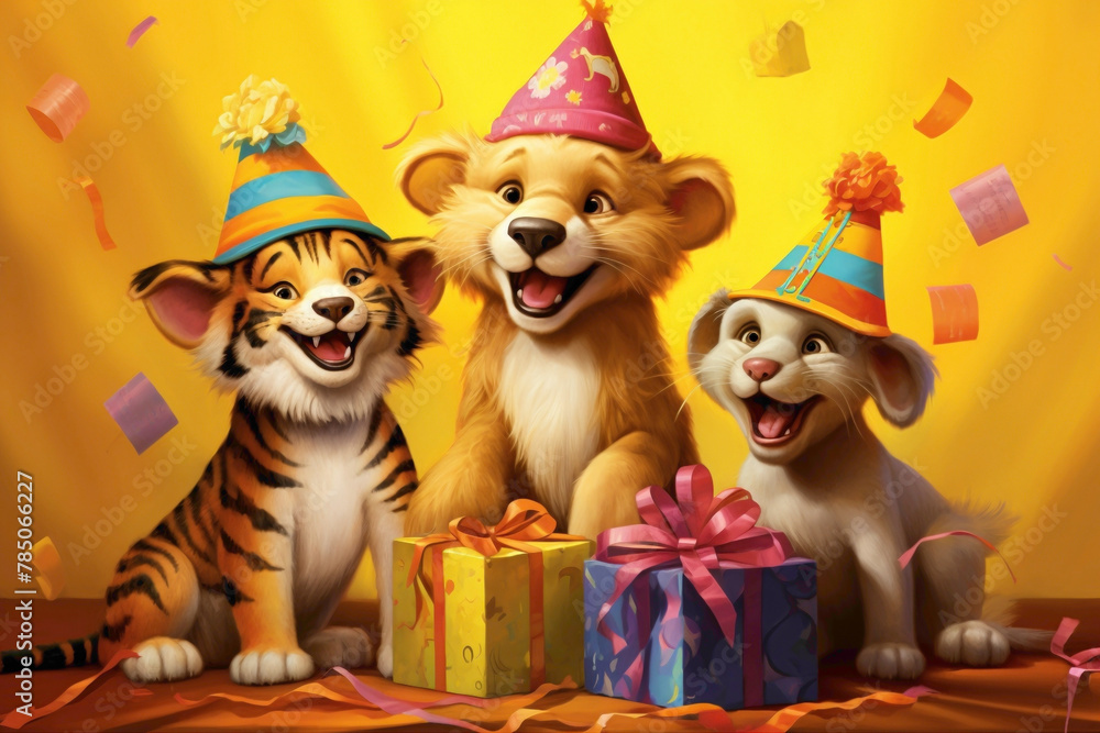 The cutest tiger, cat, and puppy present the happiest birthday gift to the adorable lion, all wearing modern outfits against a vibrant yellow background. 
