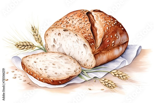 Watercolor illustration of a loaf of bread and ears of wheat.