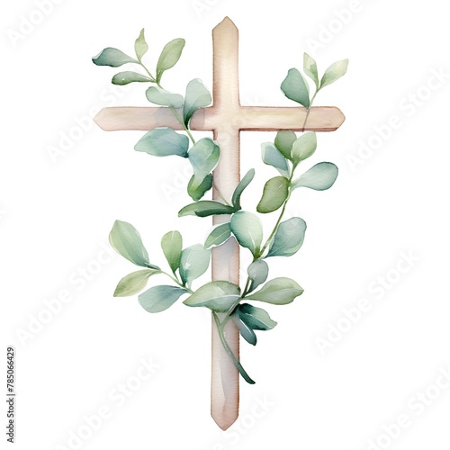 Watercolor christian cross with green leaves. Hand painted illustration. photo