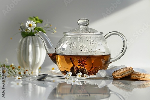 Glass teapot on white surface and white background