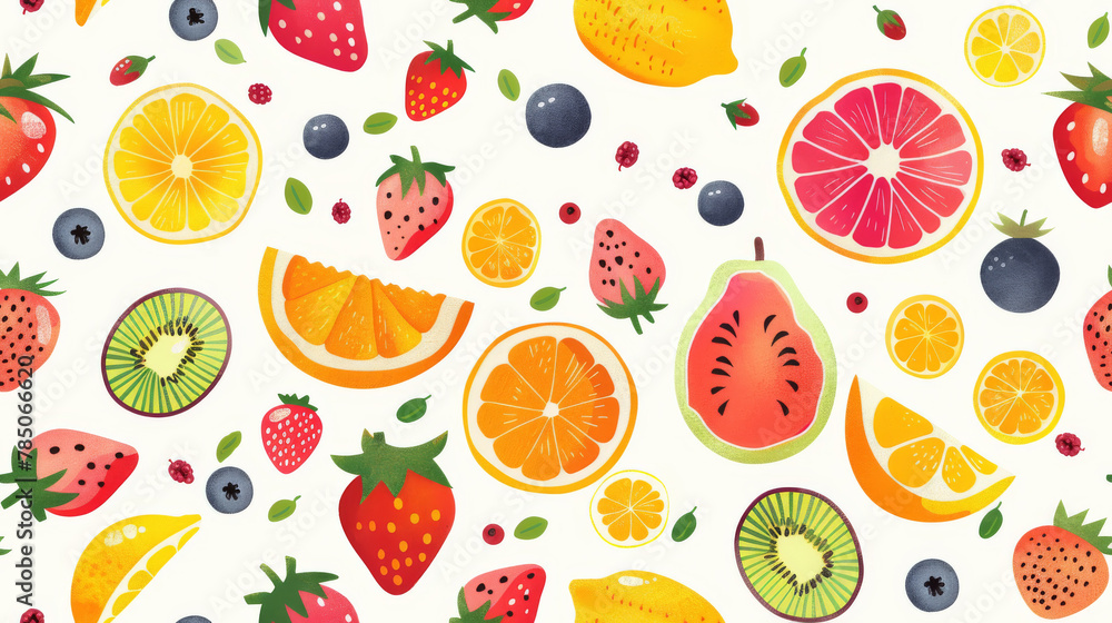 Seamless pattern background of Colorful Fresh Fruits bursting with colorful fresh fruits such oranges, lemons, strawberries, and watermelons, invoking the vibrant refreshing essence of summer fruit Seamless pattern background of Colorful Fresh Fruits bursting with colorful fresh fruits such oranges, lemons, strawberries, and watermelons, invoking the vibrant refreshing essence of summer fruit