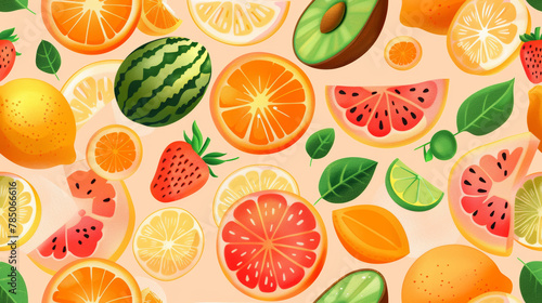 Seamless pattern background of Colorful Fresh Fruits bursting with colorful fresh fruits such oranges, lemons, strawberries, and watermelons, invoking the vibrant refreshing essence of summer fruit photo