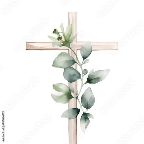 Watercolor christian cross with green leaves. Hand drawn illustration. photo