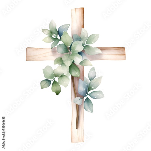 Watercolor christian cross with green leaves. Hand painted illustration.