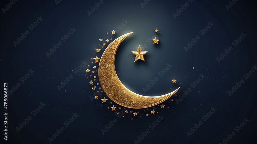 Illustration for eid al-fitr with golden crescent moon on dark blue background Illustration for eid al-fitr with golden crescent moon on dark blue background