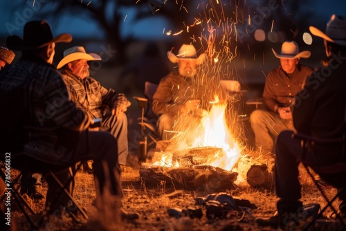 Cowboys sharing stories around a campfire under a twilight sky