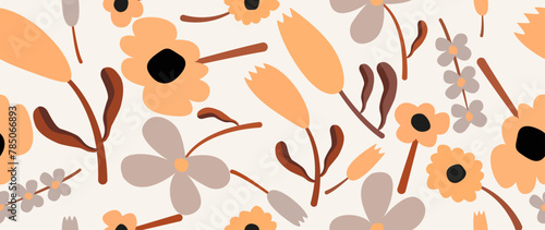 Vector illustration seamless. Beautiful flowers and leaves on a light background. Cute printable template. Ideal as a saber for textile design, cards, screensavers, posters, etc.