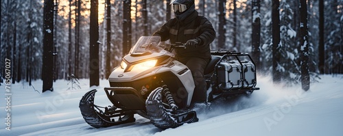 Snowmobile enthusiast racing across snowy terrain, experiencing the adrenaline rush of winter motorsport. photo