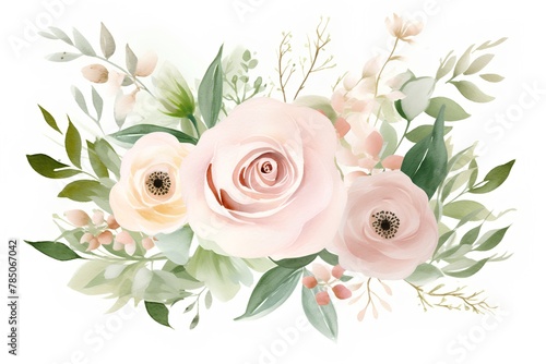 Beautiful vector card with watercolor roses and eucalyptus.