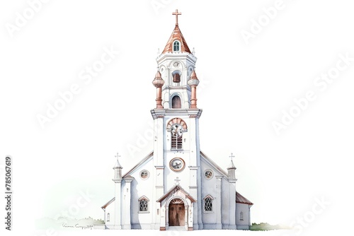 Watercolor illustration of a catholic church on a white background.