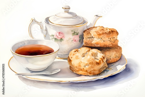 Cup of tea with scones. Hand drawn watercolor illustration
