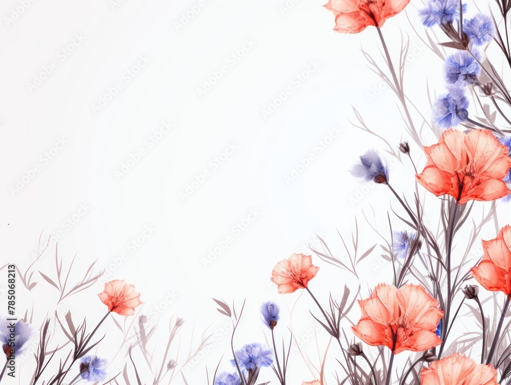 Beautiful coral cornflower flowers on a white wooden background, in a top view with copy space for text