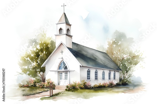 Watercolor illustration of a church in the village. Hand drawn watercolor illustration.