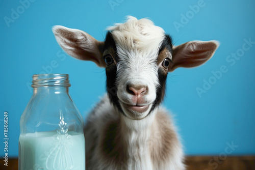 Sweet little goat kid enjoying a bottle of milk against a vibrant blue backdrop, capturing the innocence of the moment.
