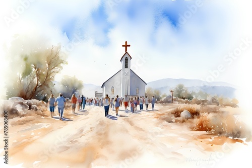 Church on the road in the mountains. Watercolor painting. Conceptual illustration.