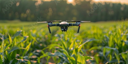 Aerial Drone Showcasing Agricultural Innovations at Community Field Day in Rural Cornfield Landscape