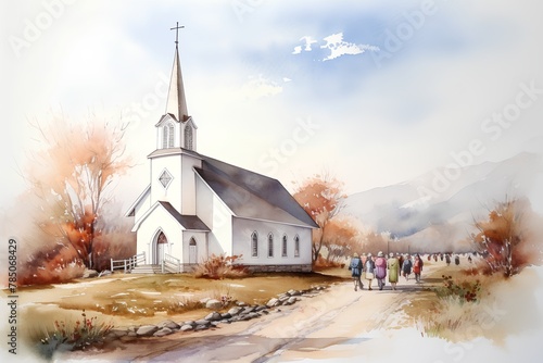 Church in the mountains. Watercolor painting. Digital illustration. Illustration. photo