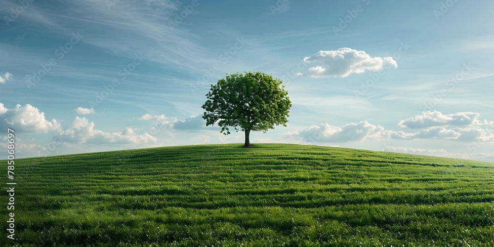 A Lone Tree Standing Tall in a Verdant Green Field Under a Sunny Spring Sky A Lone Tree Standing Tall in a Verdant Green Field Under a Sunny Spring Sky