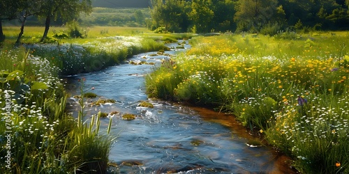 A Meandering Stream Through a Blooming Meadow Surrounded by Lush Greenery and Vibrant Wildflowers Under the Warm Sunlight