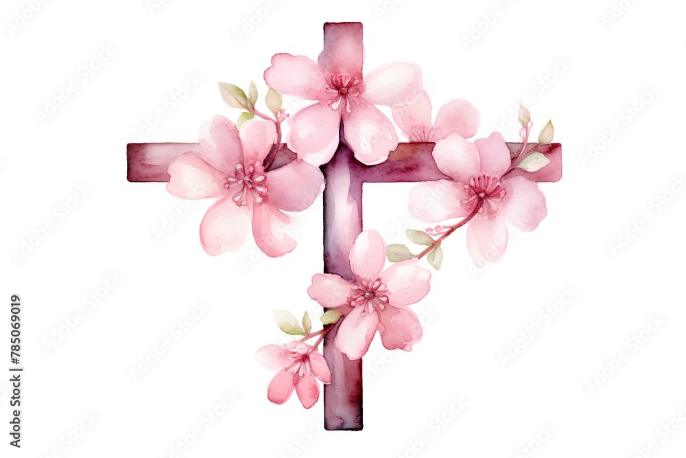Watercolor christian cross with sakura flowers isolated on white background. Watercolor christian cross with sakura flowers isolated on white background.
