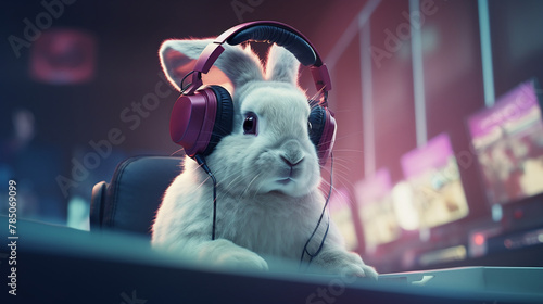 Show a headset-wearing rabbit immersed in the virtual world of esports, film stock , unique hyper-realistic illustrations