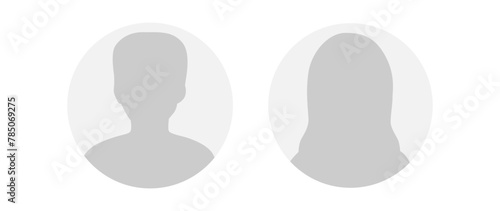 Vector flat illustration in grayscale. Round icons of man and woman. Avatar, user profile, person icon, profile picture. Suitable for social media profiles, icons, screensavers and as a template.