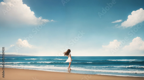 波打ち際で海を見る女の子