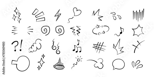 Manga or anime comic emoticon element graphic effects hand drawn doodle vector illustration set isolated on white background. Manga doodle line expression scribble anime mark collection.