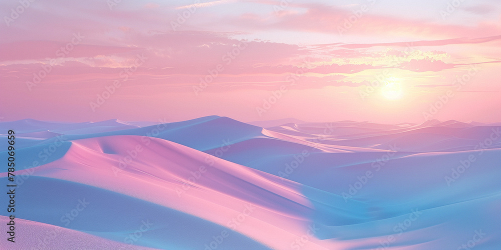Serene and picturesque landscape of sand dunes under a setting or rising sun, illuminated with soft hues of color.
