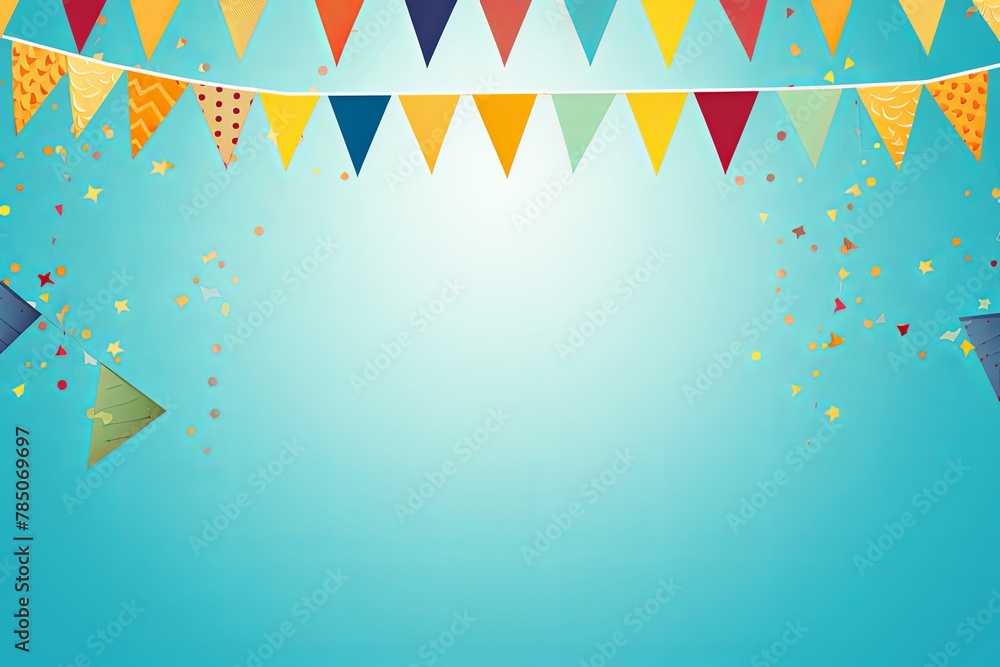 Foreground with blue background and colorful flags garland on top, confetti all around, sun shining in the background, party banner 