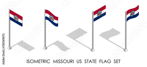 Isometric Missouri US state in static position and in motion on flagpole. Missouri map pin mark. 3d vector isolated on white background