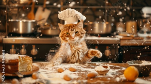 photo of a chunky, orange tabby cat wearing a chef's hat and apron, standing amidst a kitchen chaos. The cat has accidentally tipped over a flour bag, covering itself in a white, powdery mess. 