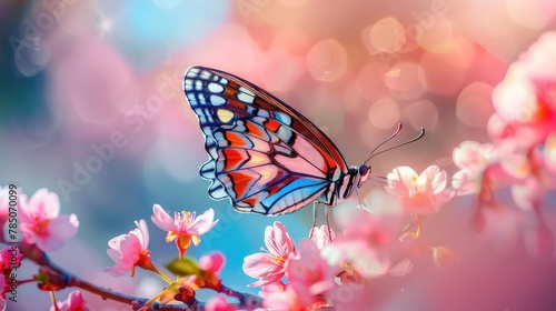Spring blossoms and butterflies on nature background.