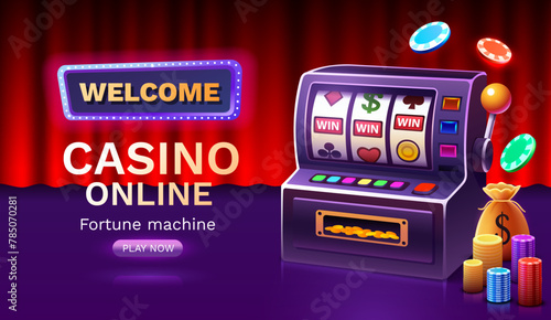 Casino free spins banner slots machine winner, jackpot fortune of luck. Vector illustration