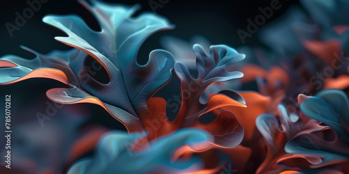 Vivid abstract patterns resembling plant foliage in blue and orange hues, invoking a dreamlike quality.