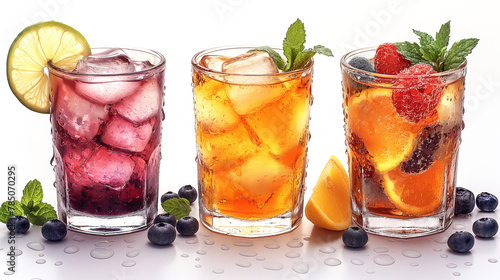 Illustration of three cocktail glasses garnished with with blueberry, mint and raspberry on white background