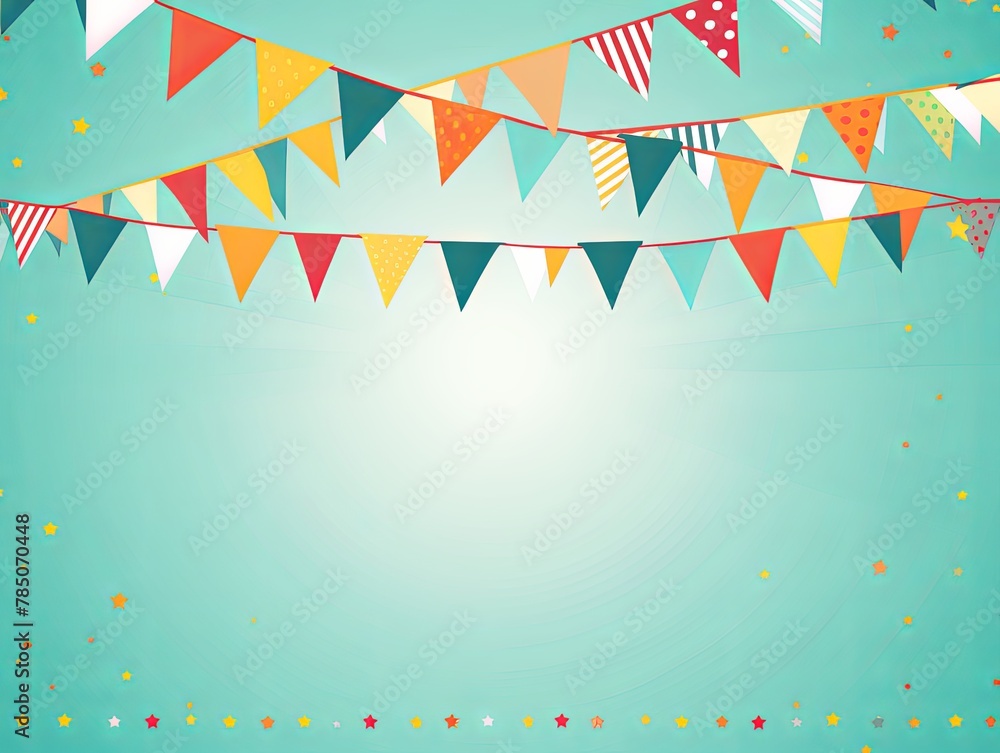 Foreground with cyan background and colorful flags garland on top, confetti all around, sun shining in the background, party banner