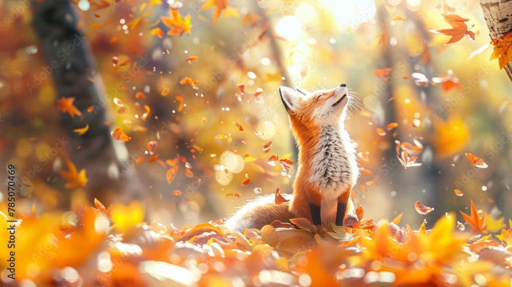 Fototapeta premium A fox looks up as autumn leaves fall around it in a magical forest scene with a warm glow.