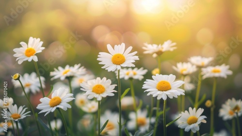 Sunlight bathes a field of white daisies during a tranquil sunset, creating a warm glow. © tashechka