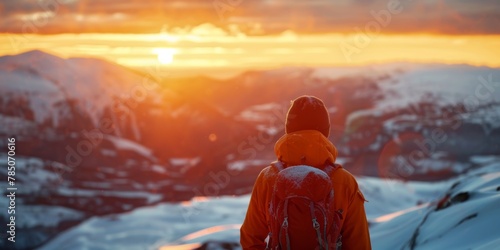 A lone hiker in an orange jacket stands facing a breathtaking sunset over a snowy mountain range.