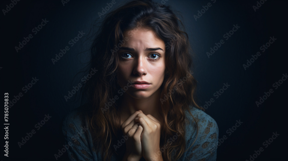 Regret on the face of a young woman standing against an isolated background